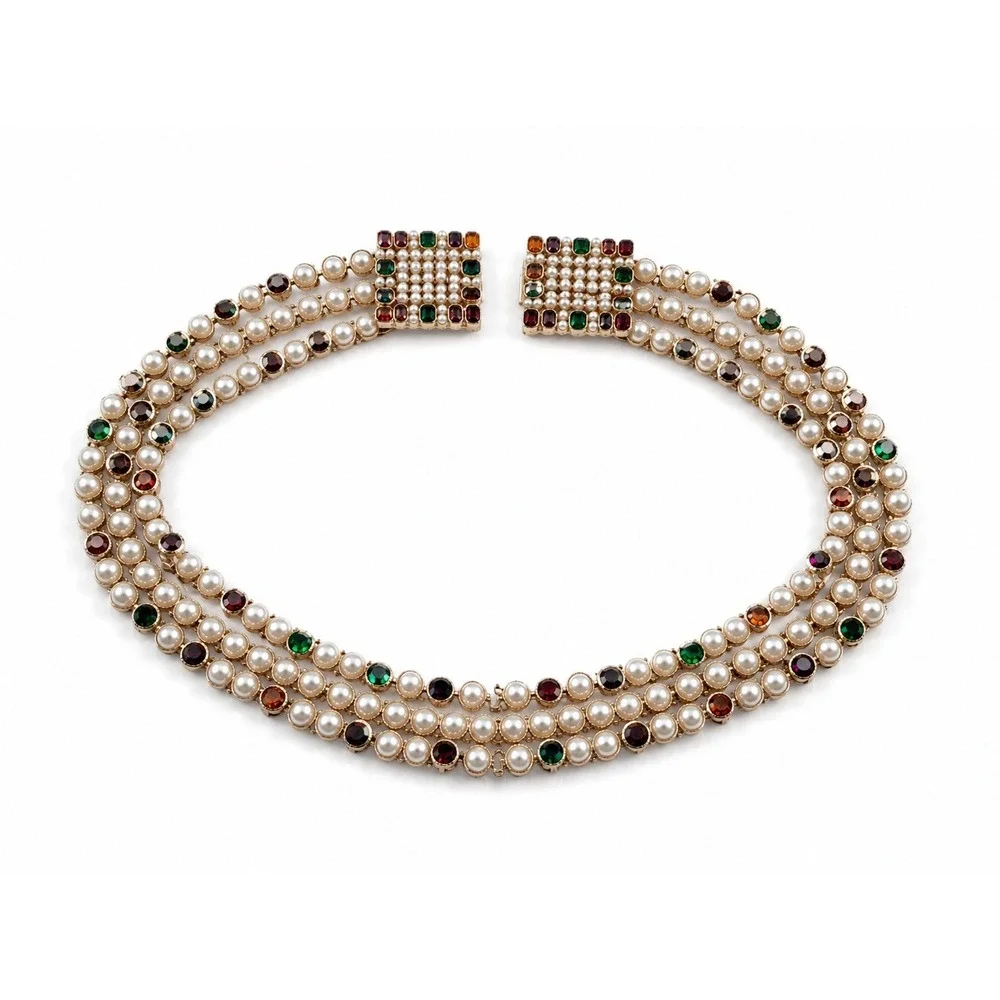 Triple Strand Faux Pearl Multi Color Gemstone Gold Tone Belt 29